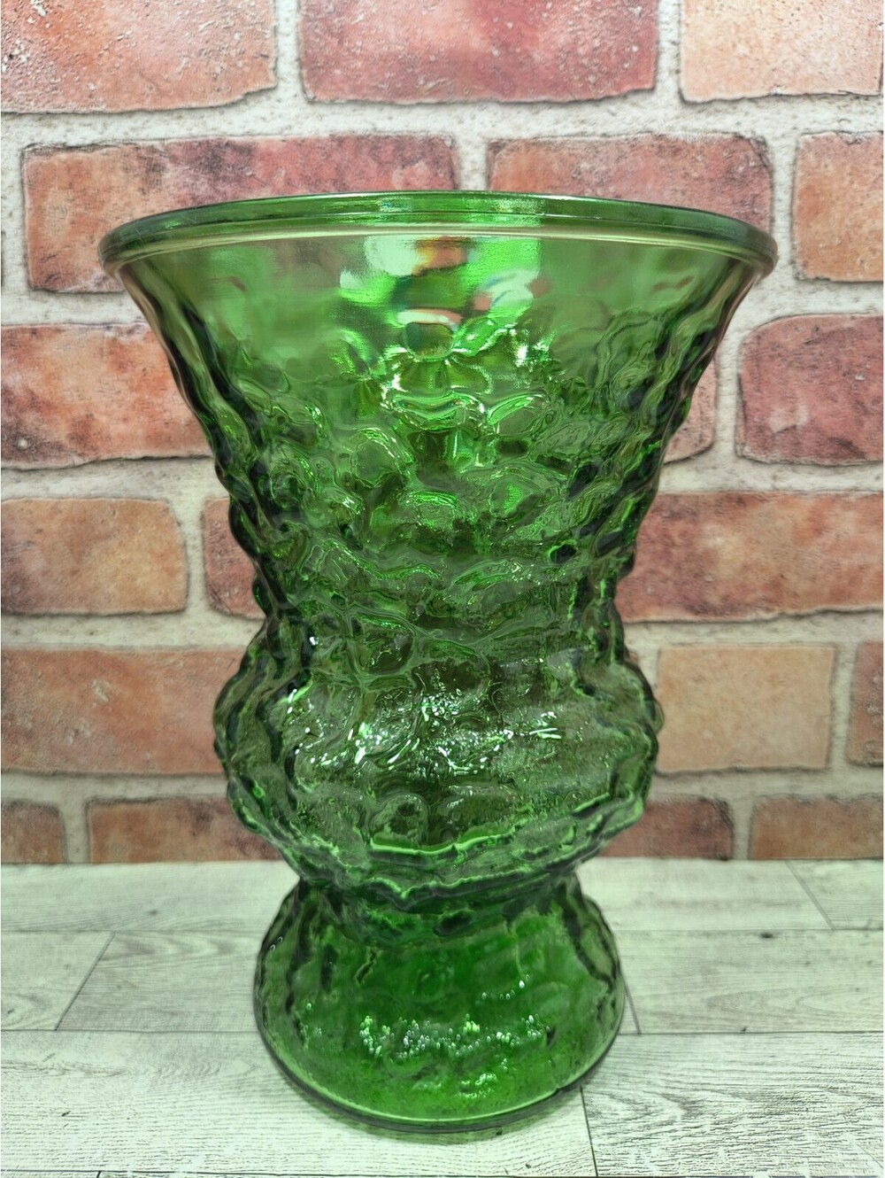 Vtg EO Brody Floral Large Vase 9.75" Flared Textured Green Glass Cleveland USA